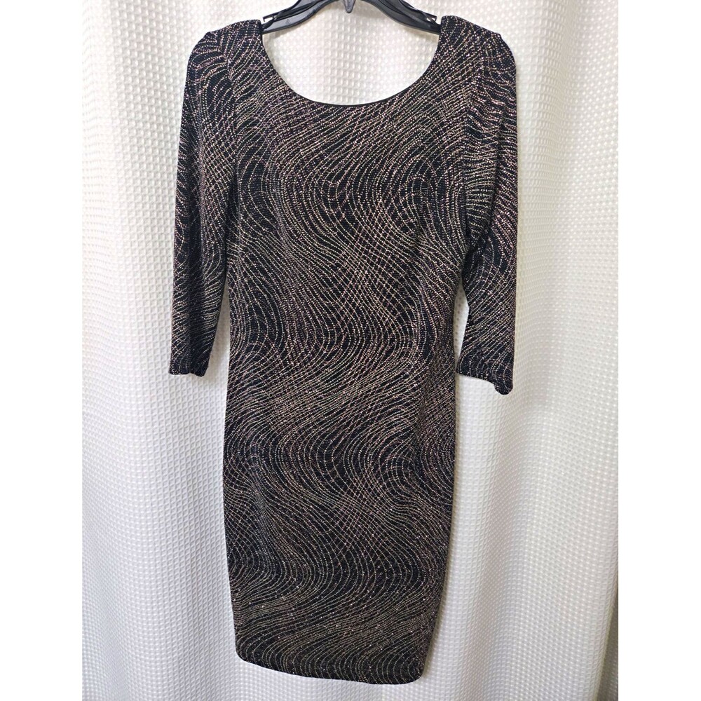 SLNY Womens Dress Size 6 Black Metallic Swirl Knit Sheath 3/4 Sleeve #9121112